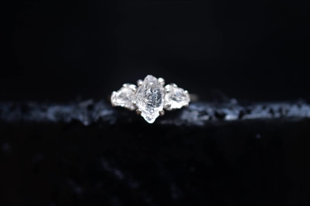 Three Stone Raw Diamond Engagement Ring, Rough Diamond Wedding Band, Uni…